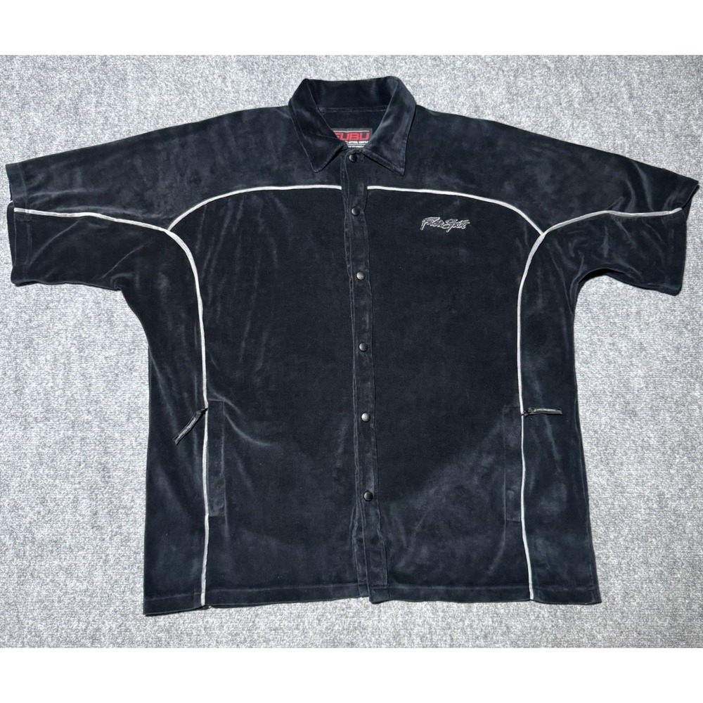 FUBU Mens Sport Velour Short Sleeve Shirt Black XL Vintage 90s Snap Front